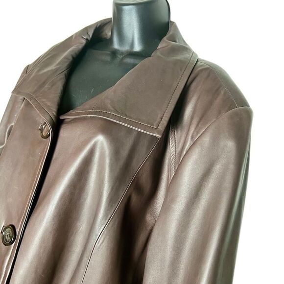 90s Leather Oversized Brown Elegant Single Breast Jacket Coat Blazer XL - Picture 3 of 15
